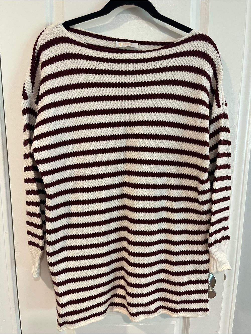 Striped Maroon and White Crewneck Sweater - Women's Classic Pullover